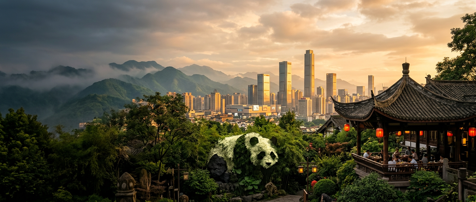Misty Chengdu skyline and Sichuan mountains